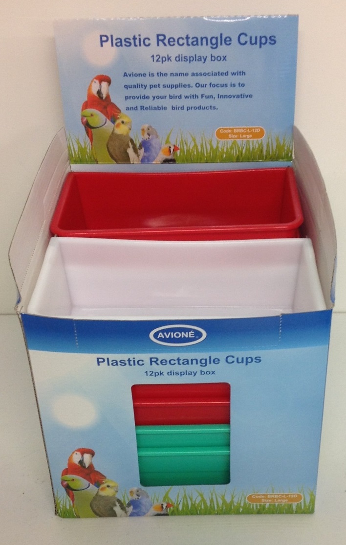 12 LARGE PLASTIC RECTANGLE FEEDER CUP IN DISPLAY BOX 12 LARGE PLASTIC RECTANGLE FEEDER CUP IN DISPLAY BOX